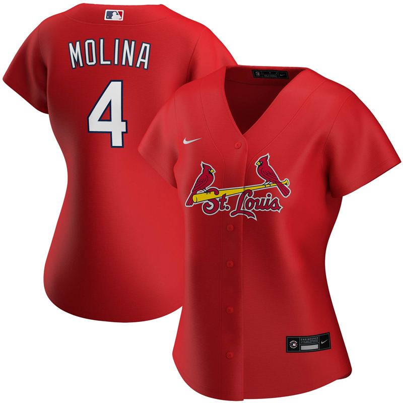 2020 MLB Women St. Louis Cardinals #4  Yadier Molina Nike Red Alternate 2020 Replica Player Jersey 1